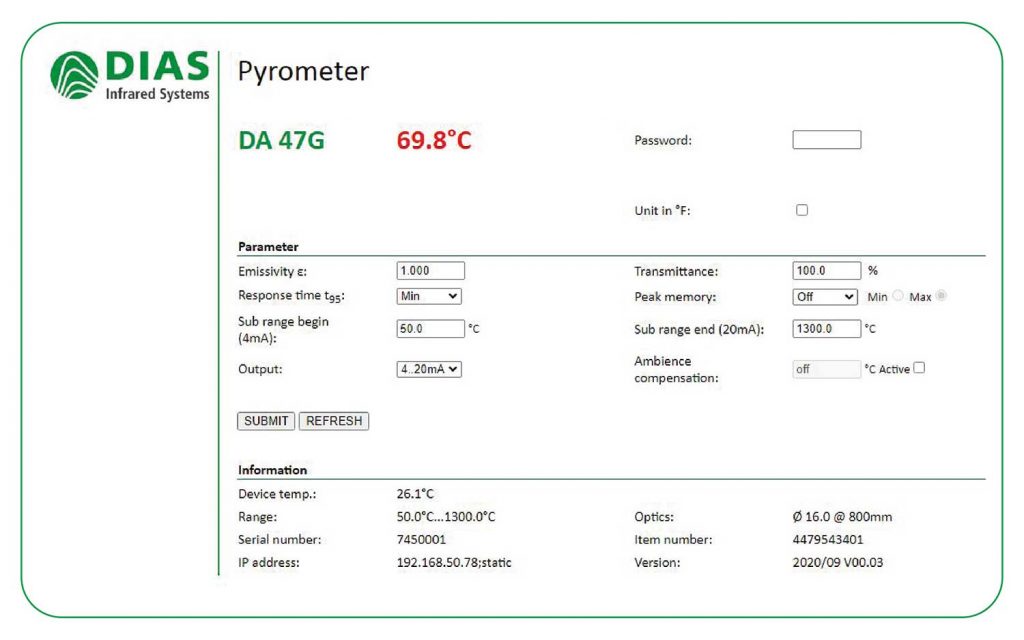 Integrierter Webserver der Ethernet-Pyrometer PYROSPOT Serie 47