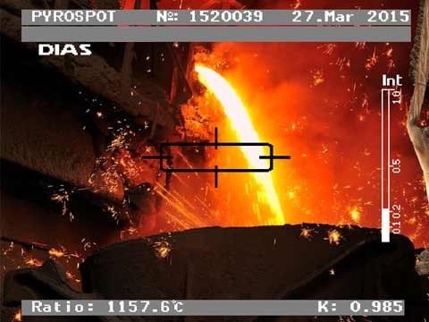 PYROCAST PRO – Detailansicht des Videobildes mit rechteckigem Messfeld zur präzisen Temperaturmessung des Gießstrahls
