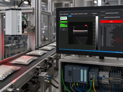 Inline-Qualitätskontrolle in einer automatisierten Verpackungsanlage. Die berührungslose Temperaturmessung sichert die Prozessqualität von Foliensiegelnähten direkt im Produktionstakt